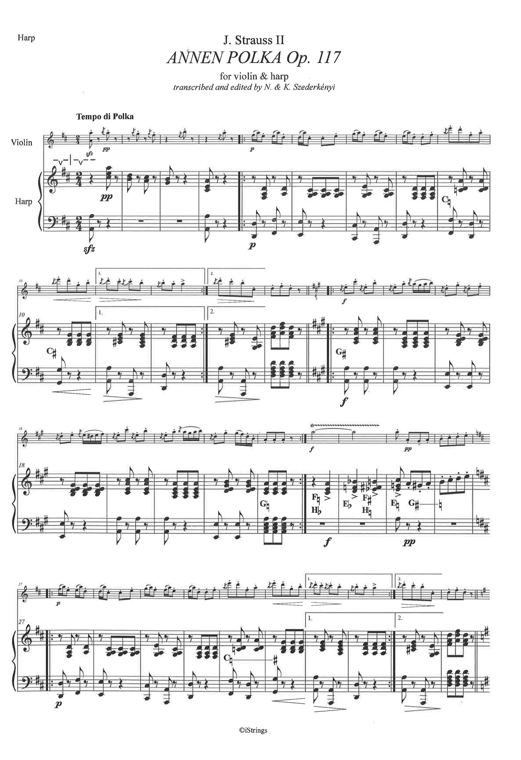 STRAUSS Johann: Four Polkas, ranscription by Nandor and Katrina Szederkenyi for violin and harp