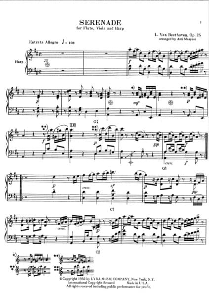 BEETHOVEN Ludwig Van : Serenade for flute, violin and harp arr.Maayani