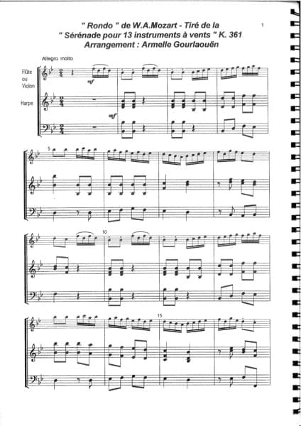 MOZART W.A. : Rondo K361 (Flute ou Violon et GH) arr. GOURLAOUEN – Image 2