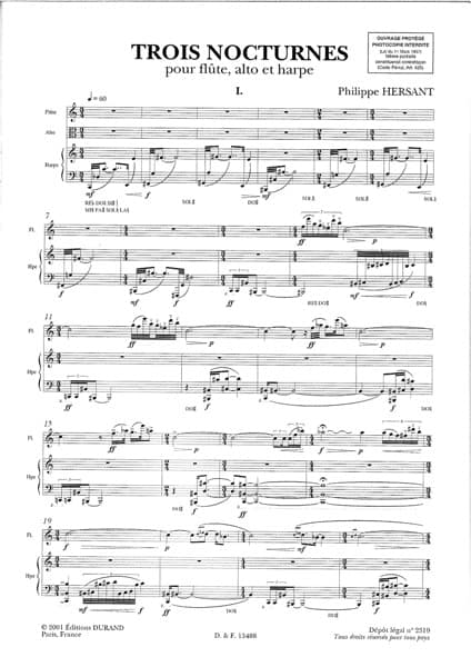 HERPSANT Philippe : 3 Nocturnes DF15488, für Flöte, Bratsche und Harfe