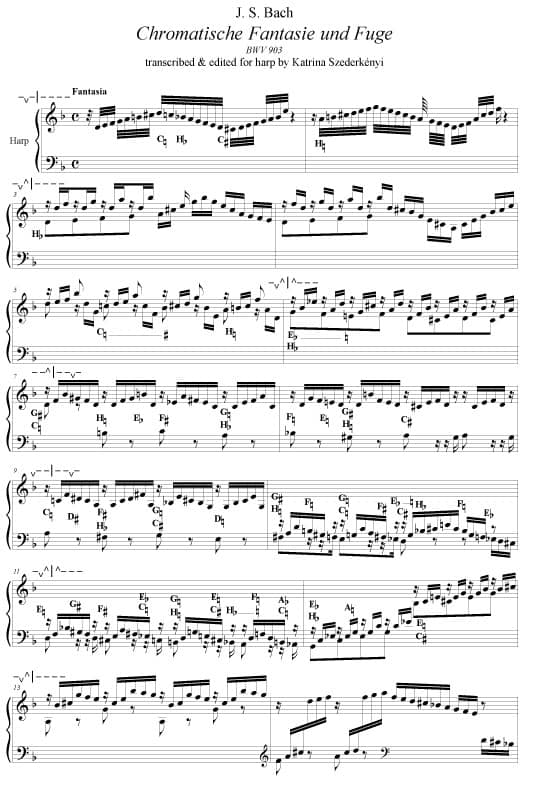BACH J.S. : Chromatische Fantasie und Fugue, Bearbeitung von Katrina Szederkenyi für Harfe Solo