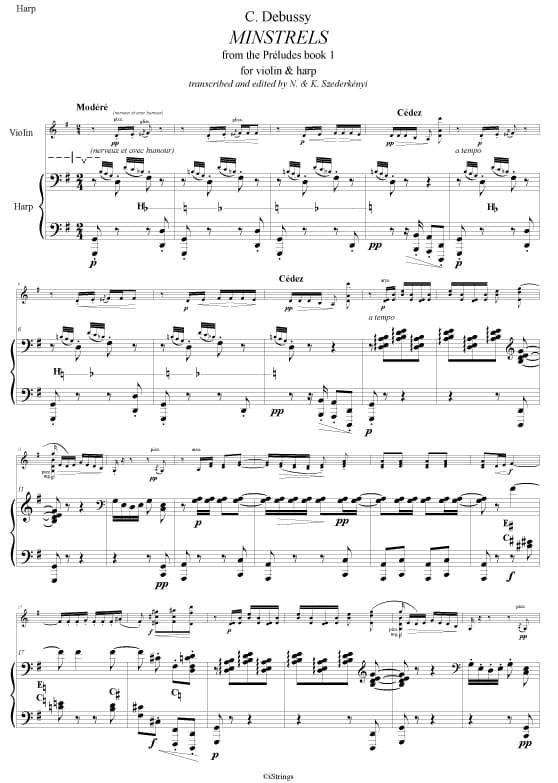 DEBUSSY Claude: 'Minstrels' from Préludes, book 1. L. 117. Transcription by Nandor and Katrina Szederkenyi for violin and harp