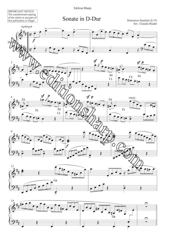 SCARLATTI Domenico : Sonata D Major (L15) - Ar. STUDER Claudia – Image 2