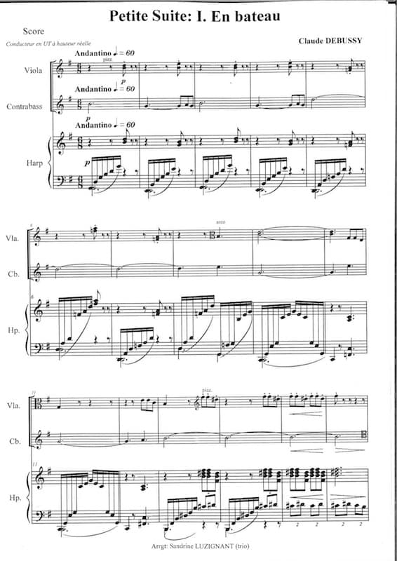 DEBUSSY Claude : Petite Suite I. En Bateau - transcr. for harp, viola and double bass by Sandrine Luzignant - Image 2