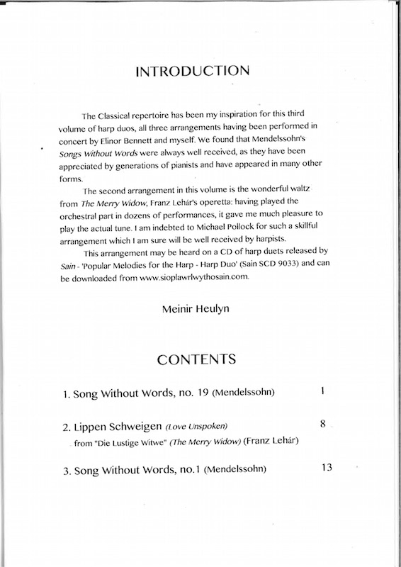 Zwei Lieder ohne Worte von Mendelsshohn/Lehar, für 2 Harfen, Arr. M. Heulyn und E. Bennett – Bild 2