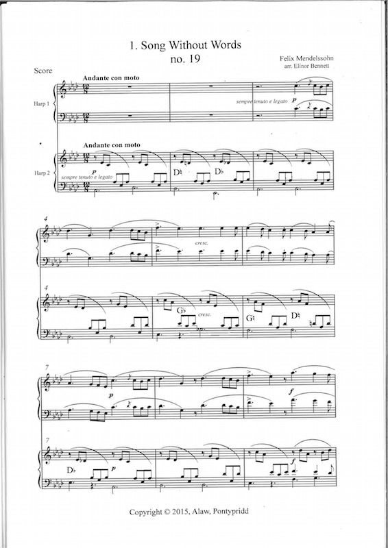 Zwei Lieder ohne Worte von Mendelsshohn/Lehar, für 2 Harfen, Arr. M. Heulyn und E. Bennett – Bild 3