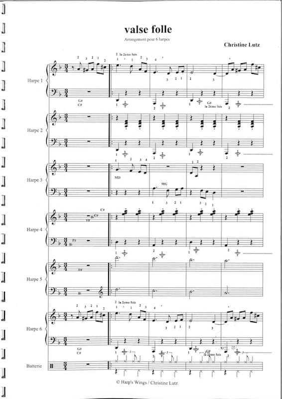 LUTZ Christine : Valse Folle, Arrangement für 6 Harfen (4 PH/2 HH) von Christine Lutz – Bild 2